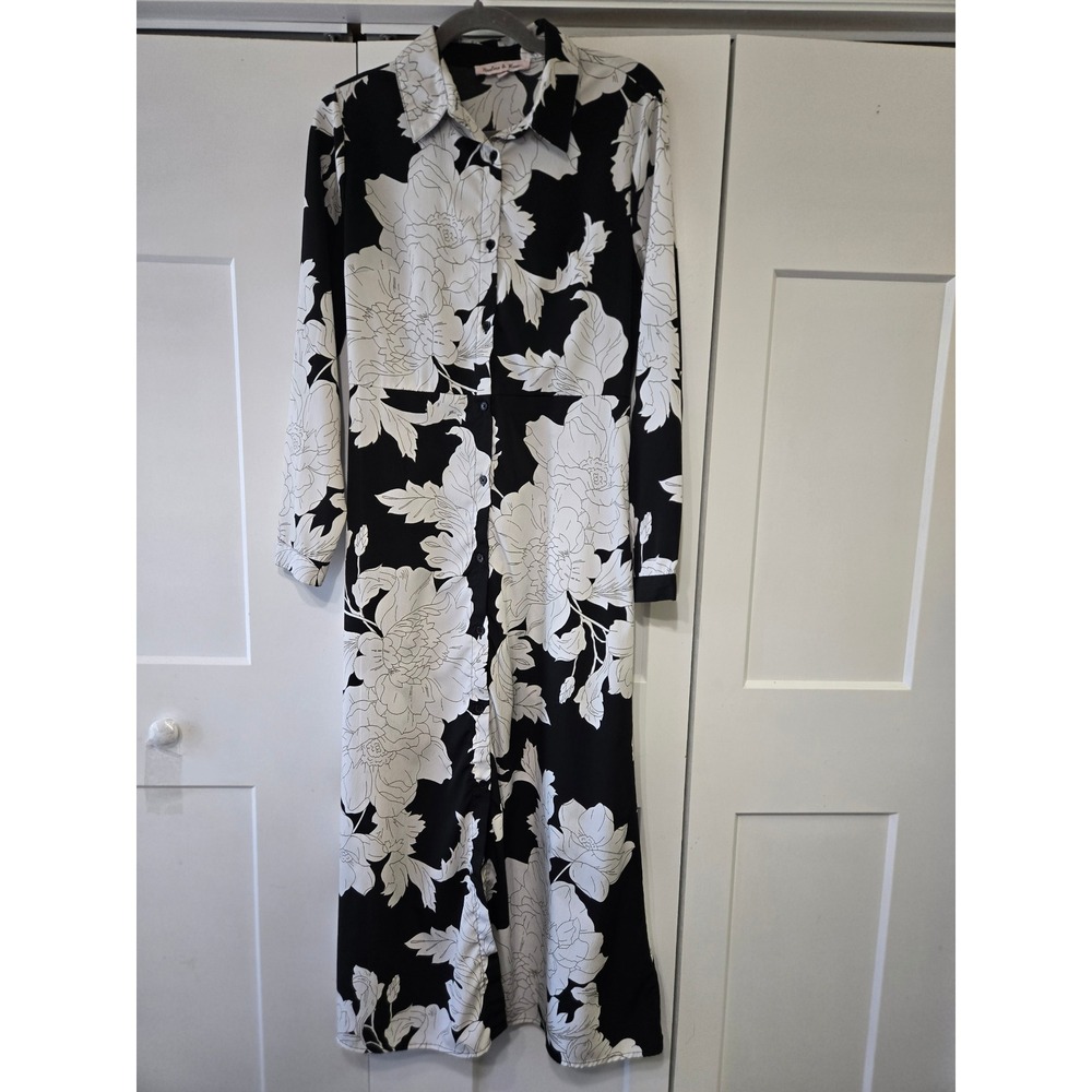 Harlow & Rose Black White Floral Long Sleeve Maxi Shirt Dress Small